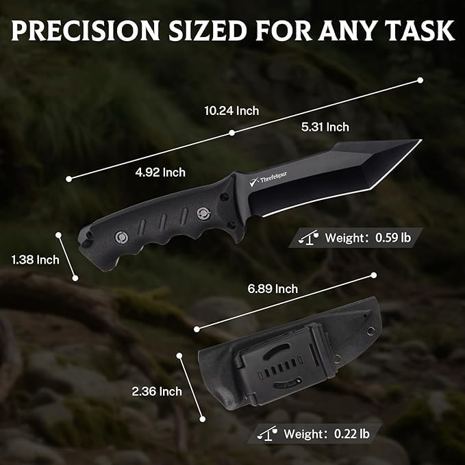 Tanto Camping Knife for Men, D2 Steel Fixed Blade Tactical Survival Knife with Sheath - Compact & Portable for Outdoor Hiking, Bushcraft, G10 Handle - Black