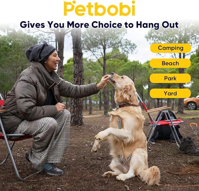 Petbobi Dog Tie-Out Cable and Stake - 50ft Heavy Duty Cable with Spring, No Tangle, 16in Ground Stake, Ideal for Yard, Camping and Beach, Suitable for Small Medium Large Dogs Up to 120 lbs, Orange