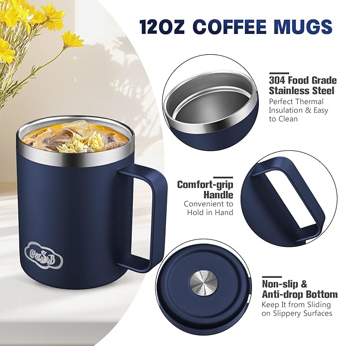 12oz Insulated Coffee Mug with Handle, Stainless Steel Wide Mouth Travel Tumblers with Lid, Double Wall Vacuum Coffee Cup for Camping, Office, Navy Blue 4 Pack