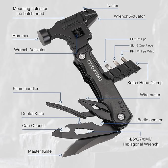 Upgraded 16-in-1 Multitool Hammer,Camping Knife with Adjustable Wrench,Screwdriver,Wire cutter,Hammer,Bottle Opener,Multi Tool for Men(Black)