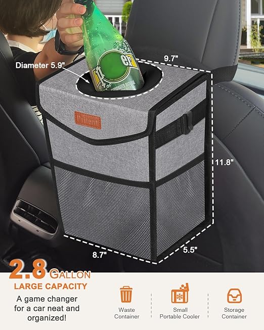 Car Trash Can with Lid, Cute Leakproof Car Trash Garbage Bag Hanging Vehicle Trash Bin Small Portable Automotive Garbage Cans Organizer for Back/Front Seat/Console(2.8 Gallons,Grey)