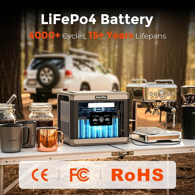 SolarPlay Q2501 Solar Portable Generator 2400W for RV Camping, Home Solar Powered Generator 2160Wh LiFePO4 Battery w/ 4 2000W AC Outlets, 2 DC Outlets, XT60, Cigarette Lighter & 6 USB Power Station