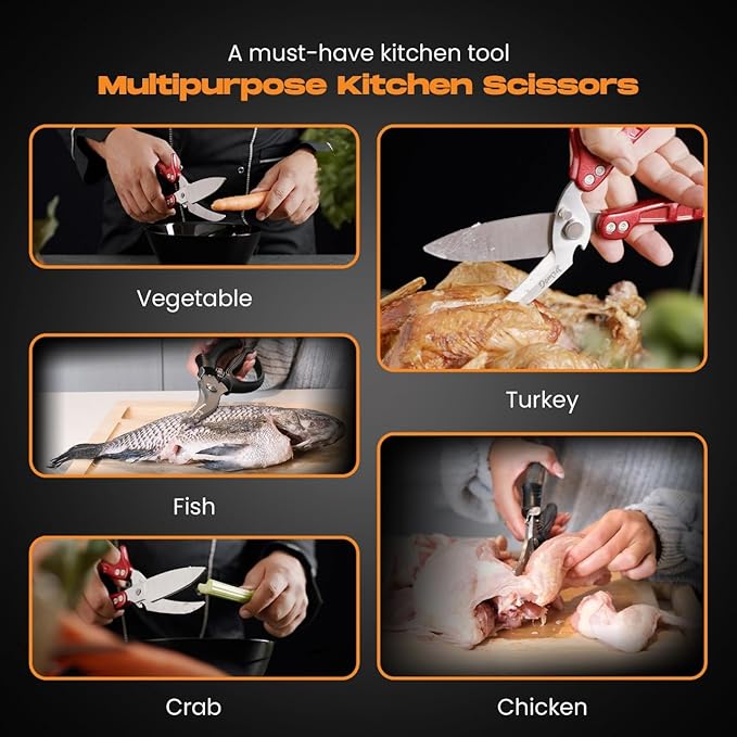 Poultry Shears Heavy Duty Professional, Kitchen Shears for Food, Kitchen Scissors Heavy Duty, Food & Meat Scissors, Dishwasher Safe Chicken Cutters. Spring Loaded, Silver