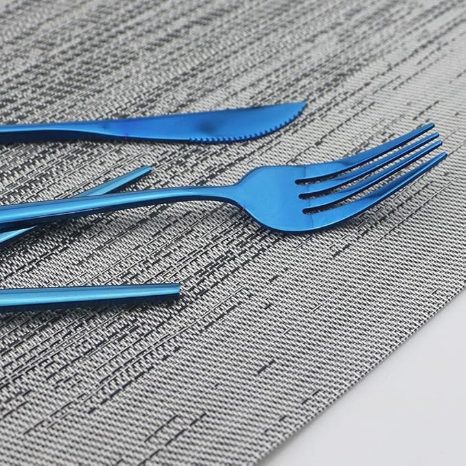 JASHII Shiny Blue Silverware Set, 30-Piece Stainless Steel Satin Finish Flatware, Kitchen Utensils, Mirror Polished Tableware Cutlery for Home and Restaurant, Dishwasher Safe