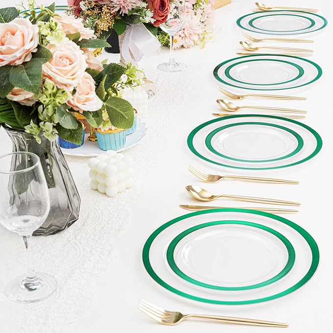 U-QE 200PCS Clear Green Plastic Plates - Green Plates Disposable Heavy Duty- Include 100 10” Dinner and 100 7” Dessert Platos, Perfect for Party, Wedding
