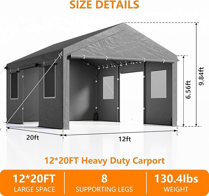 SANWAY 12x20 Gazebo Canopy Tent, Heavy Duty Carport with Removable Sidewalls & Doors, Portable Garage with Roll-up Ventilated Windows, Dark Gray
