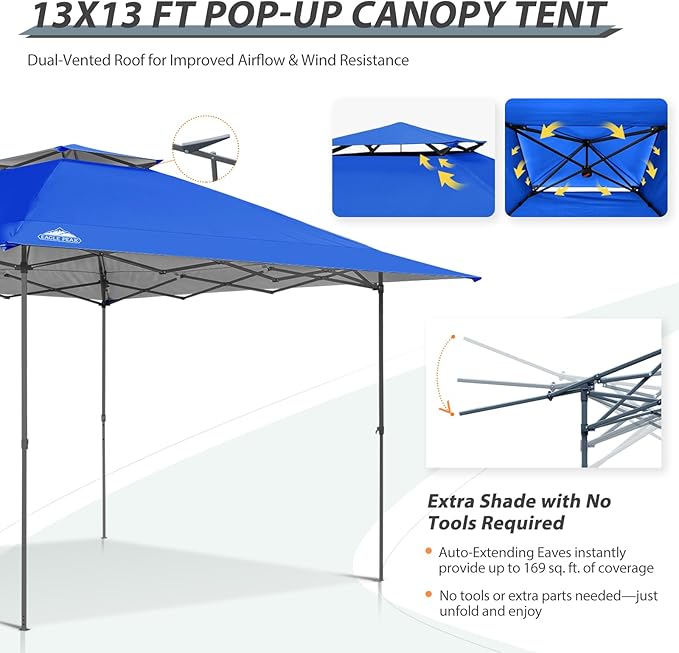 EAGLE PEAK 13x13 Straight Leg Pop Up Canopy Tent Instant Outdoor Canopy Easy Single Person Set up Folding Shelter w/Auto Extending Eaves 169 Square Feet of Shade (Blue)