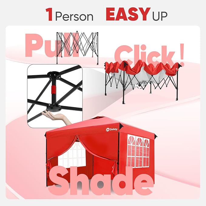 Sekey 10x10 Pop Up Canopy with 4 Sidewalls, One Push Setup Instant Outdoor Gazebo, Instant Easy Up Canopy with UPF50+ Top, 4 Weight Bags for Events, Beach, Patio, Camping