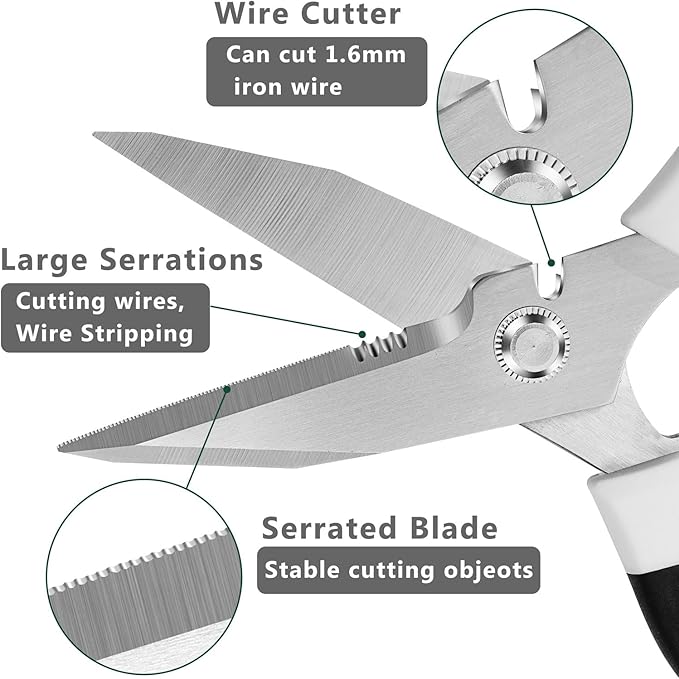 Utility Scissors Heavy Duty: sharp Scissors All Purpose heavy duty, Easy Cutting Carpet, Cardboard, Wires, Leather, Fabric(8'' White)