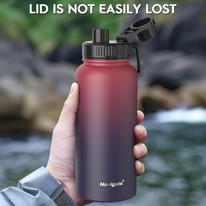 Navigate 32 oz Insulated Stainless Steel Sports Water Bottle with Spout & Handle Lids,Wide Mouth Water Jug with Double Walled Leak Proof Keep Cold for 24 Hrs Hot for 12 Hrs, Red to Black