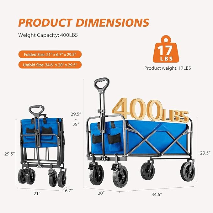 Collapsible Wagon Cart, 400lbs Heavy Duty Foldable Wagon with All-Terrain Wheels and Drink Holders, for Beach Camping Shopping Garden, Blue