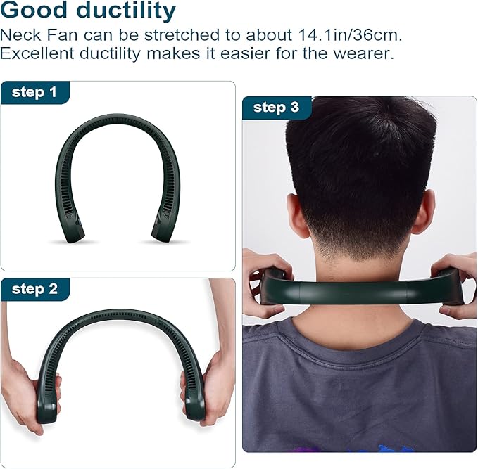 CIVPOWER Neck Fan: Portable Personal Neck Cooling Rechargeable Bladeless Fan - Hands Free 3 Speed 4000 mAh Battery USB Operated Wearable Headphone Design - for Men Women Outdoor Indoor (Dark Green)