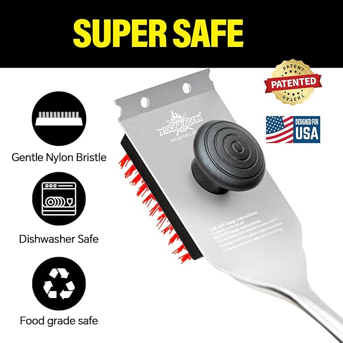 Grill Brush and Scraper, Dual Grip Design,Extra Strong BBQ Cleaner Accessories,Safe Nylon Bristles Barbecue Triple Scrubbers Cleaning Brush for Cast Iron Grates/Porcelain/Charcoal Grill