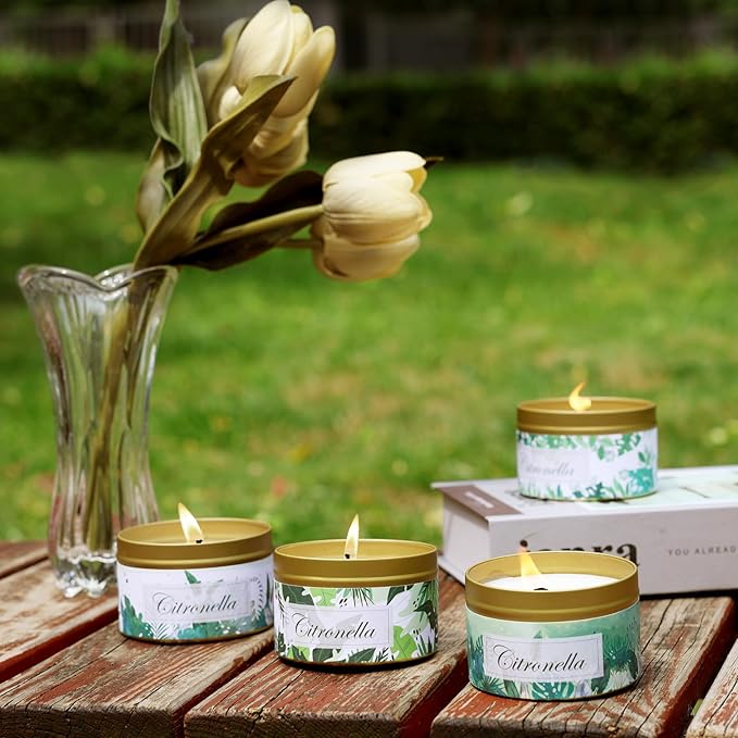 HUANXI Scented Candle Set 4 Pack Citronella Candles, Insect Moskito Repellent Candles for Outdoor Indoor, 32 Oz Travel Tin Jar Candles for Home, for Camping Fishing Garden Patio Yard Balcony Party