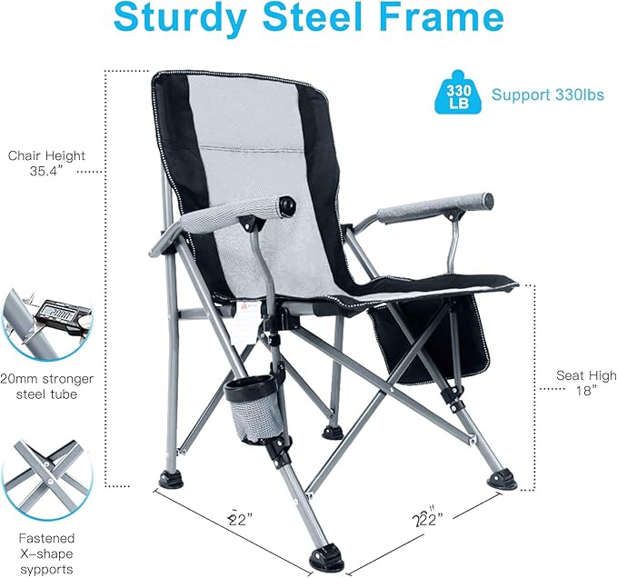 Camping Chair for Adults,Portable Folding Lawn Chair for Outside,Heavy Duty Camping Chair Support up to 330lbs,Collapsible Outdoor Beach Chair with Cup Holder(Grey)