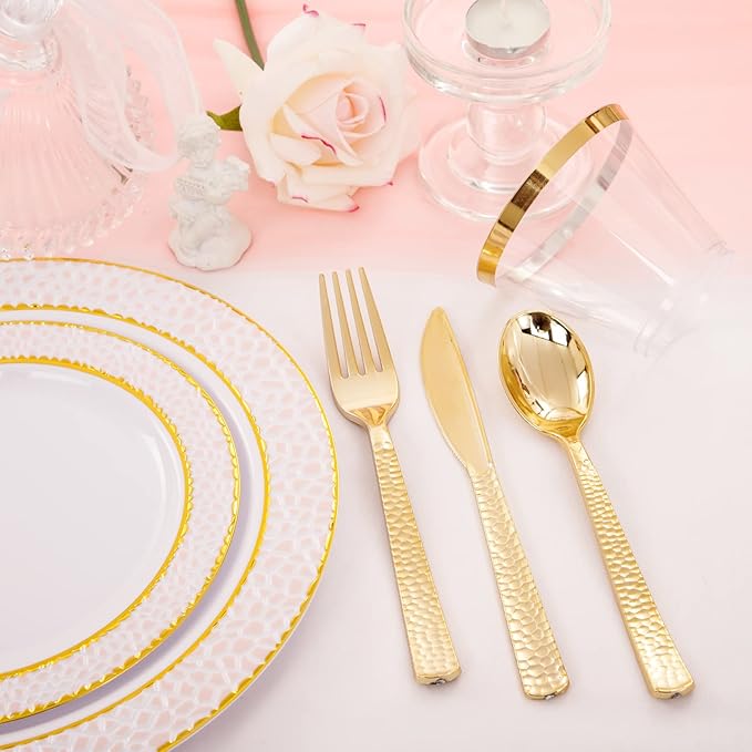 Ciaell 150PCS Pink Plastic Plates โ Disposable Pink and Gold Plates Set include 50Plates, 25Forks, 25Knives, 25Spoons, 25Cups for Wedding & Party