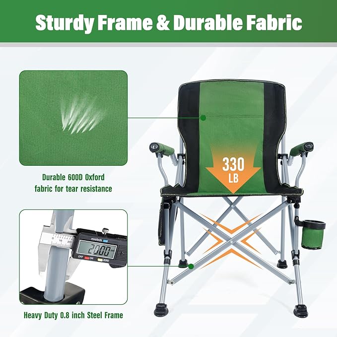 Camping Chair for Adults,Portable Folding Lawn Chair for Outside,Heavy Duty Camping Chair Support up to 330lbs,Collapsible Outdoor Beach Chair with Cup Holder(Green)
