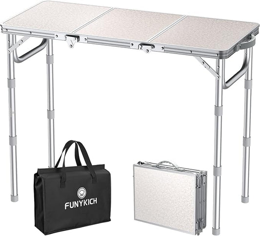 FUNYKICH 3ft Folding Camping Table with 3 Adjustable Height, 34.2'' Lx15.7'' W Portable Picnic Tables, Lightweight Aluminum Outdoor Table with Carry Handle for Camping, Backyard Party, Picnic, Beach