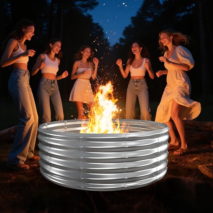 Camp Fire Ring Pit, Large Round Galvanized Steel Fire Pit, Heavy Duty Steel Fire Pit for Backyard, Camping, Bonfire (4x4x1.5 FT)