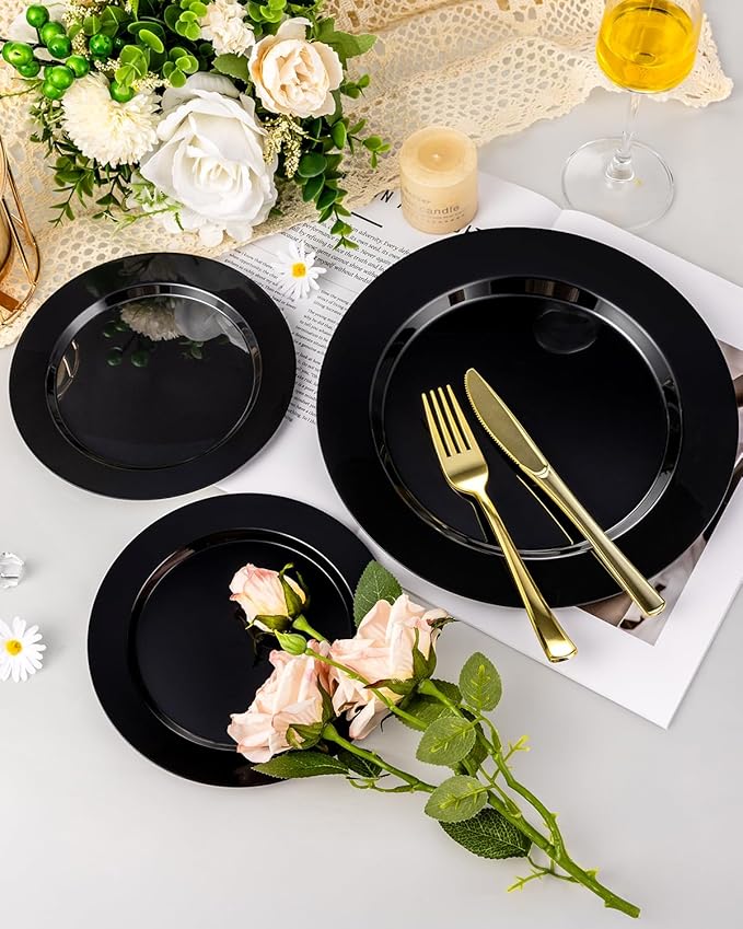 100PCS Black Plastic Plates, Disposable Party Plates with 50 Dinner Plates and 50 Dessert Plates, Plastic Plates for Party, Wedding Birthday and Halloween (Black, 100PCS)