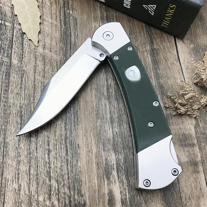 push button assisted opening Folding Knife,440C Stainless Steel Blade, Backlock G10 Handle with Leather Sheath, EDC Pocket Knives for Men (Green)