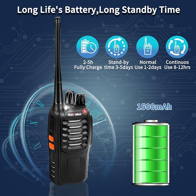 Radios Walkie Talkies Long Range: MaxTalker MT-8S Rechargeable Walkie Talkies with Earpiece, VOX, Flashlight,1500mAh Battery, Walkie Talkie for Adults, Work, Camping Essentials, 6 Pack