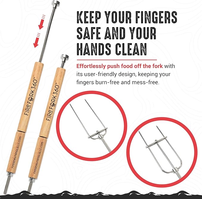Extra Long Cooking Fork with Patented Rotating Handle and Food Ejector. Stainless Steel Camping Forks for Fire Pit, BBQ, Campfire Marshmallow Roasting Sticks, Hot Dogs, S'mores