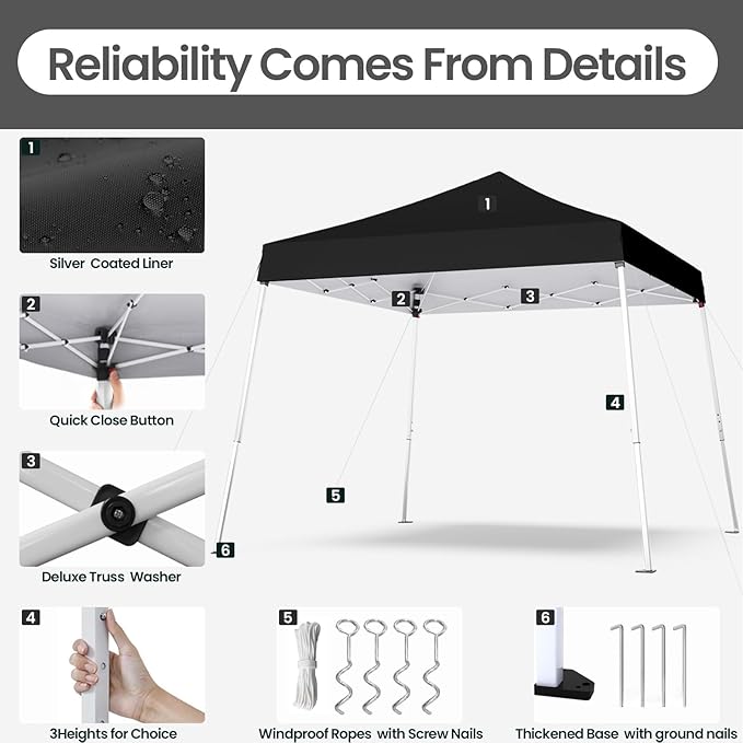 10x10 Pop Up Canopy, 300D Silver Coated Black Fabric Outdoor Gazebo, Beach Tent Slant Legs with Storage Bag,Easy Up Sun Shade Shelter Tents with 8x8 Top Cover for Patio,Party