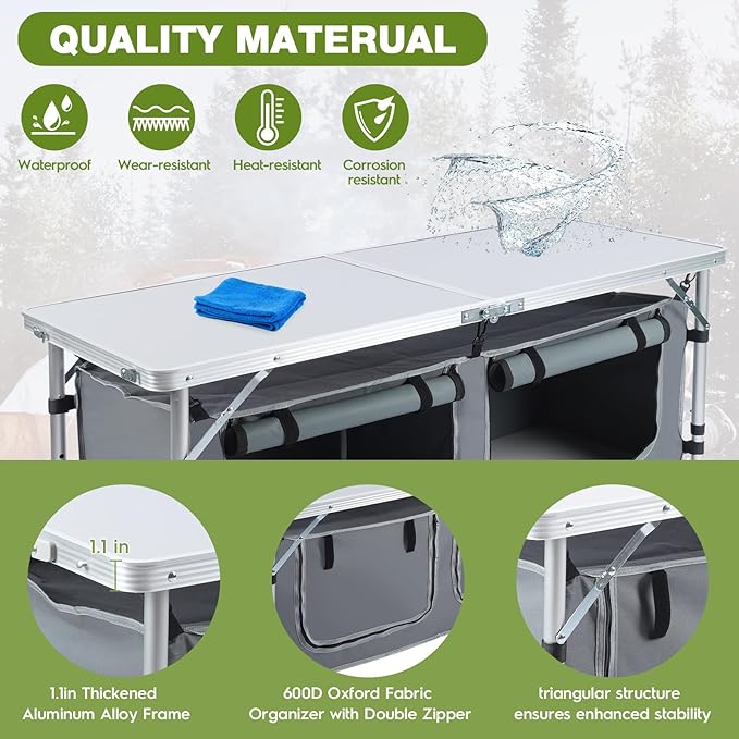 Outdoor Folding Camping Table with Storage Organizer, Portable Aluminum Composite Panel Lightweight Table, 3 Adjustable Height, for Indoor, BBQ, Party, Picnic, Hiking, Beach