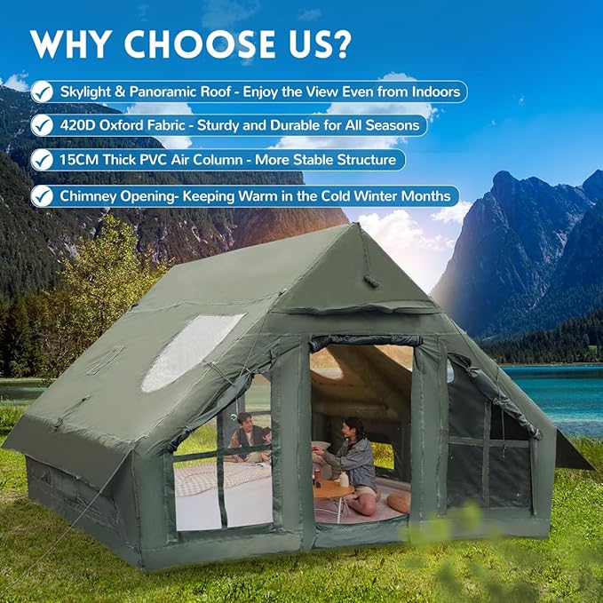 Inflatable Camping Tent with Pump, 4 Season Inflatable Tents for Camping, Inflatable House Tent Waterproof Easy Setup Glamping Tent