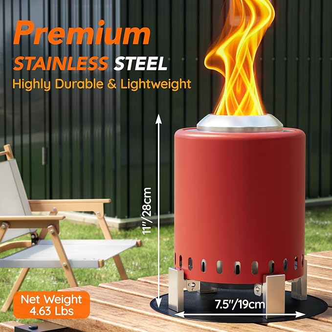 Mini Smokeless Tabletop Fire Pit with Pan Stand, Portable Stainless Steel Firepit Stove for Camping, Burns Pellets or Wood, Includes Travel Bag, Red