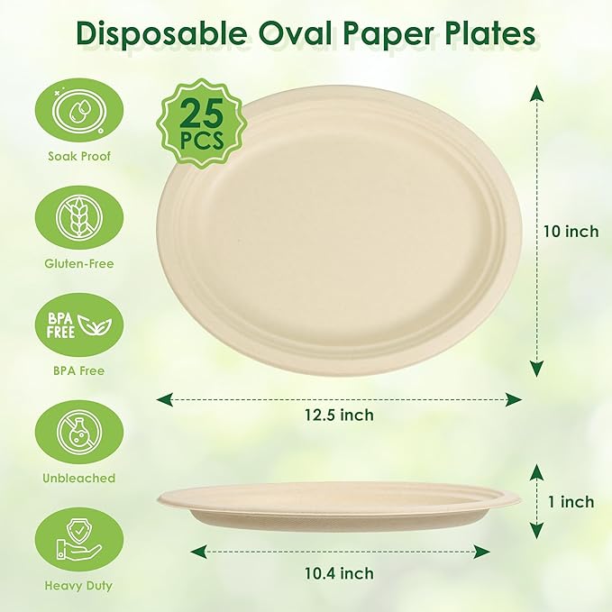 Compostable Oval Paper Plates, 12.5Inch 25Pack Disposable Heavy Duty Bagasse Platters Eco-Friendly Biodegradable Sugarcane Plates for BBQ, Party, Picnic - Natural Brown