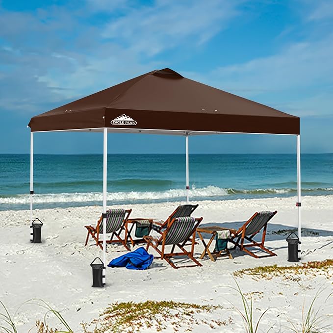 EAGLE PEAK Pop Up Canopy Tent with Wheeled Carry Bag, 8 Stakes, 4 Ropes, 4 Weight Bags, Easy Set Up Tent Canopy, 10x10 ft, 100sqft of Shade,Brown
