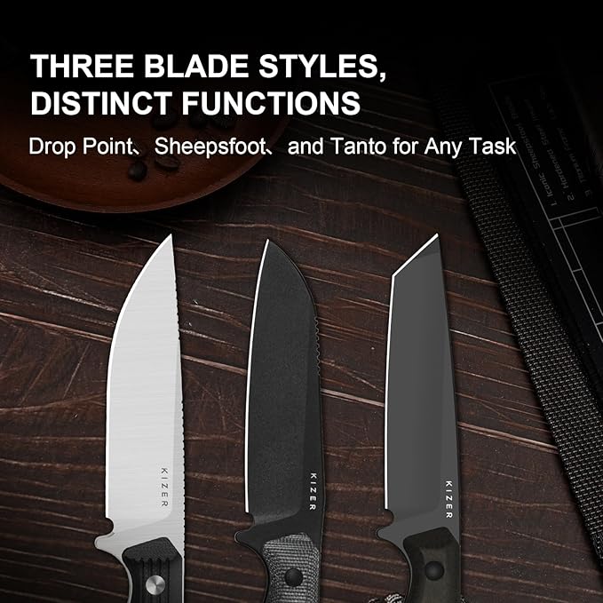 Kizer Begleiter Fix Fixed Blade Knife, 3.78" Drop Point AEB-L Blade Hunting Knives with Kydex Sheath, Black G10 Handle EDC Knife for Camping Hunting Survival 1045MD2