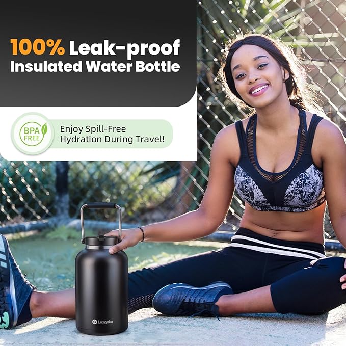 128 oz Insulated Water Jug with Straw Lid and Handle, One Gallon Stainless Steel Double Vacuum Water Bottle for Hot & Cold Drinks - Sweat Proof, Great for Travel, Hiking, Camping - Dark Blue