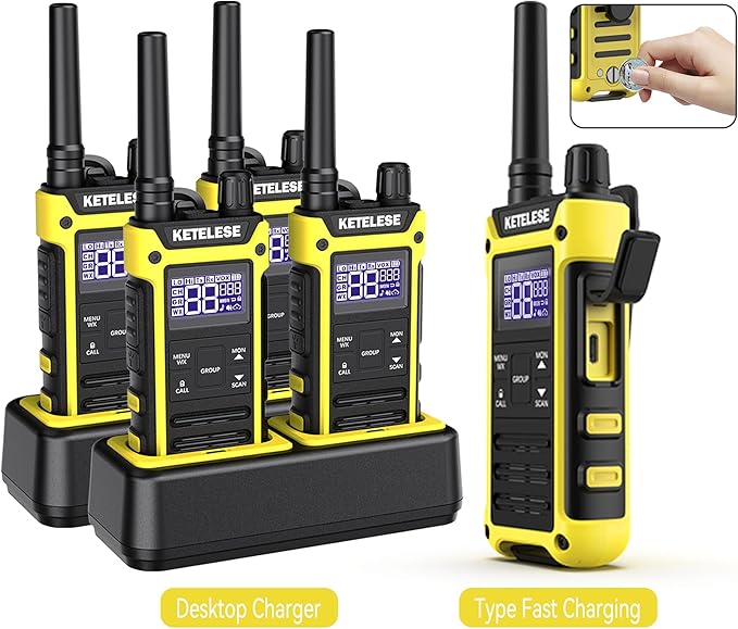 T3F IP67 Waterproof Two Way Radios, FRS Walkie Talkie 4 Pack with Earpieces,USB C Charge Dock,Group Talk,Flashlight,VOX,Weather Alert, for Adults, Black/Yellow