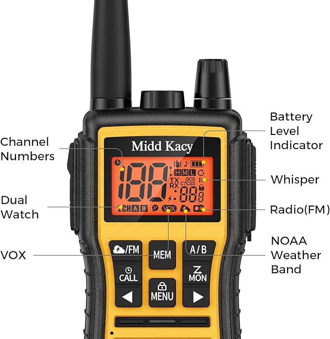 Midd Kacy MK208 Walkie Talkies-Two Way Radio-Rechargeable,61 Channels,121 Privacy Codes,New Flashlight,MEM,IP55 Waterproof,SOS,NOAA Weather Alerts,VOX,Dual Watch-Black/Yellow,2 Pack