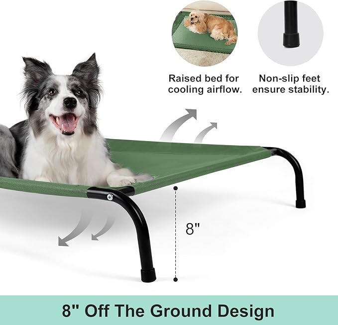 50" Lx32 Wx8 H Cooling Elevated Dog Bed for Large Dogs with Non-Slip Floor Protectors & Breathable Mesh, Raised Indoor & Outdoor Dog Cot Pet Hammock, Green