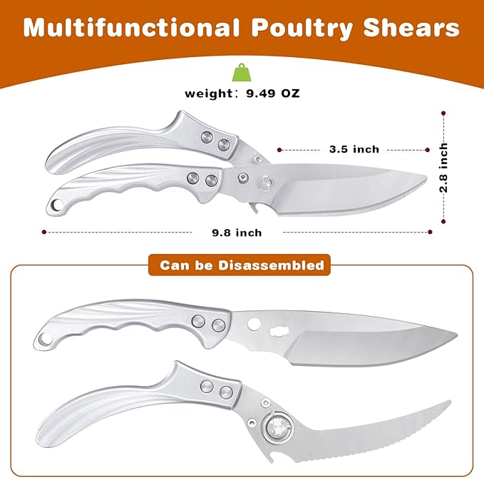 Kitchen Shears for food - Heavy Duty Kitchen Scissors Stainless Steel Poultry Shears for Meat Bones Seafood, All Purpose Food Scissors, Detachable Blades, Ergonomic Handle, Dishwasher Safe Silver