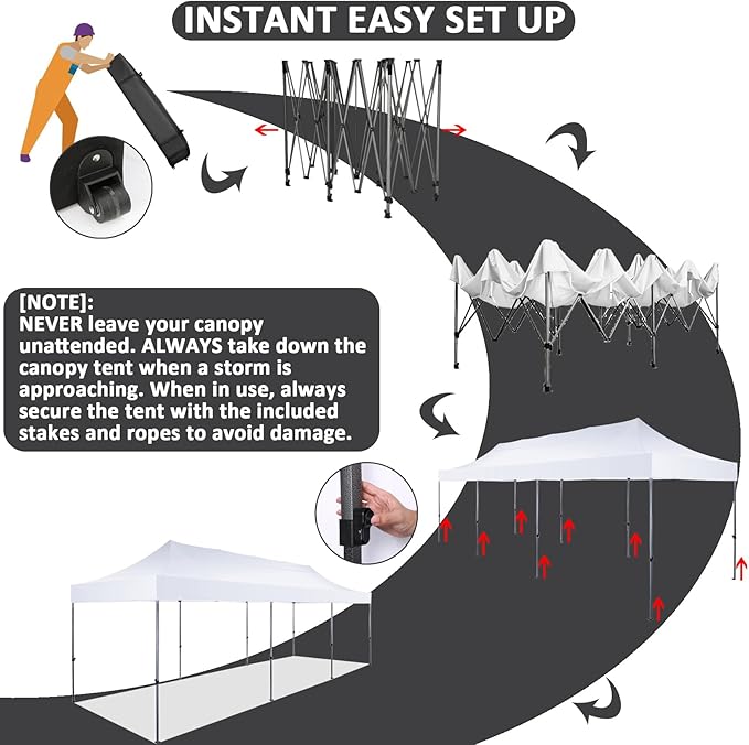 COBIZI 10x30 Pop Up Canopy Without Sidewall,Heavy Duty Canopy UPF 50+ All Season Wind Waterproof Commercial Outdoor Wedding Party Tents for Parties Gazebo with Roller Bag(10 x 30 ft White)