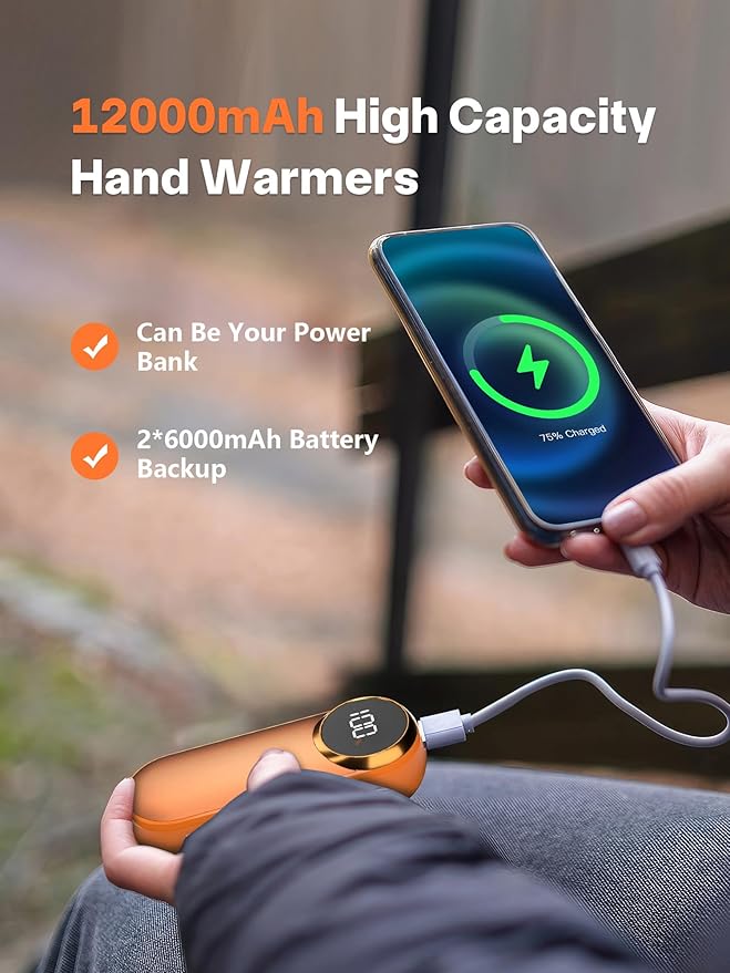 Hand Warmers Rechargeable,12000mAh Electric Hand Warmers with Light, 2 Pack Pocket Hot Hands Reusable Up to 20 Hours, Double Sided Heat Portable Heater for Hunting, Camping Gear, Stocking Stuffers
