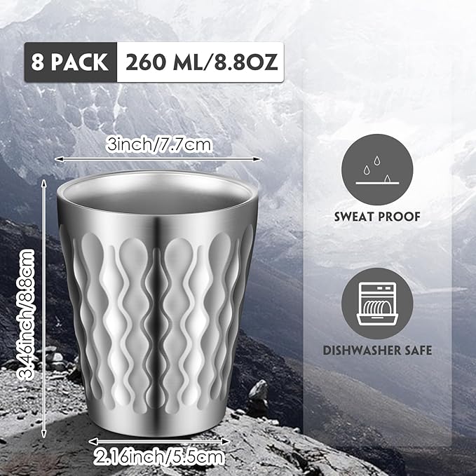 8 Pack Stainless Steel Cups Pint Cup Metal Double Layer Insulated Drinking Beer Water Tumbler Camping Reusable Stackable for Office Party Hot Cold Drink (Silver,8.8oz)