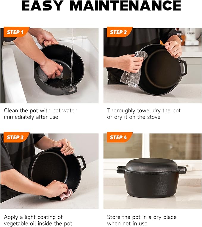 DARTMOOR 2-in-1 Pre-Seasoned Cast Iron Dutch Oven with Lid, 4.8 qt Pot & 10.5 in Skillet Cookware Set with Handles & Lid Lifter, Deep Pot for Baking Stewing Roasting, Indoor & Outdoor Use