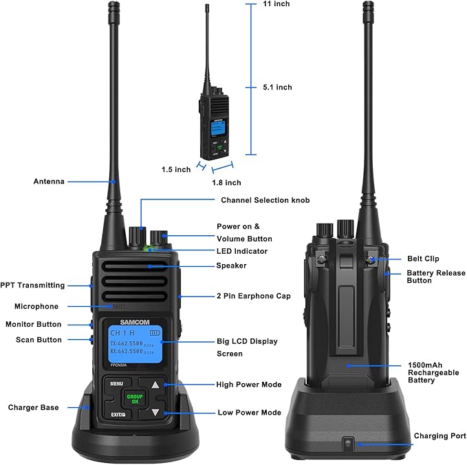 SAMCOM FPCN30A Two Way Radios Long Range 5 Watts Walkie Talkies for Adults Rechargeable 2 Way Radios UHF Programmable Handheld Business Radio 1500mAh Battery with Earpieces,Group Call, 6 Packs