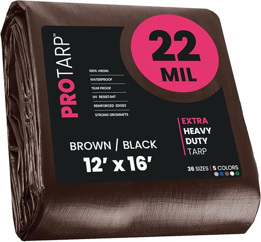 PROTARP Extreme Heavy Duty 22 Mil Tarp Cover, Waterproof, UV Resistant, Rip and Tear Proof, Poly Tarpaulin with Reinforced Edges for Roof, Camping, Patio, Pool, Boat. (Brown/Black 12′ X 16′)