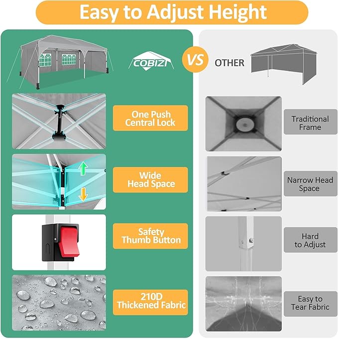 COBIZI 10x20 Pop Up Canopy: Canopy Tent with Patented Center-Lock Tech | Quick-Setup,UV-Reflective & Detachable Walls | 210D Waterproof | 3 Height Adjustments for Parties,Weddings,Outdoor Events(Gray)