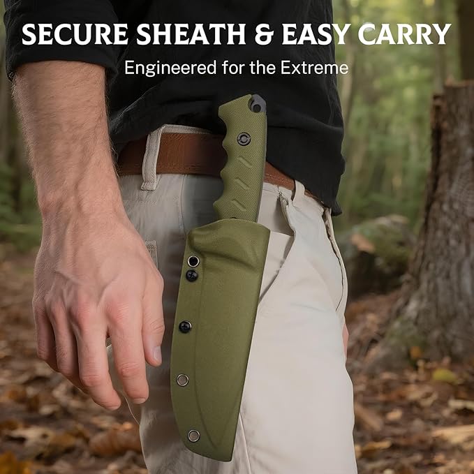 Camping Knife for Men, D2 Steel Fixed Blade Tactical Survival Knife with Sheath - Compact & Portable for Outdoor Hiking, Bushcraft, G10 Handle - Green