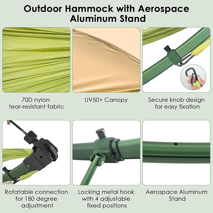 Portable Hammock with Quick Setup Folding Stand & Adjustable Sunshade Canopy & Storage Bag - Adult/Child Hammock Chair - Heavy Duty Hammock for Camping Home Garden Hotel Outside Beach Forest Grasslan