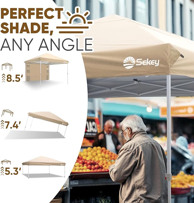 Sekey 10x10 Pop Up Canopy with Pockets Sidewall, One Push Setup Instant Outdoor Gazebo, Instant Easy Up Canopy with UPF50+ Top, 4 Weight Bags for Events, Beach, Patio, Camping