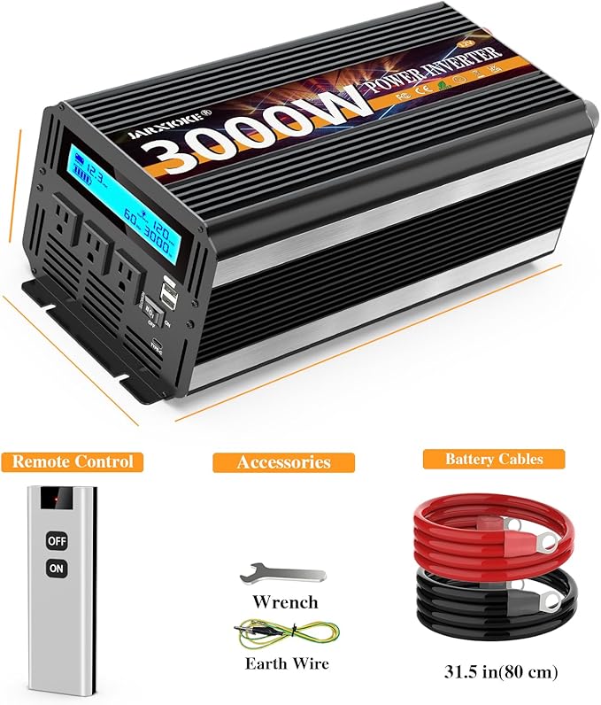 3000W Power Inverter 12V DC to AC 110V/120V (Peak) 6000W Converter 3 sockets car Inverter with Remote Control and LED Display 3.4A USB Port